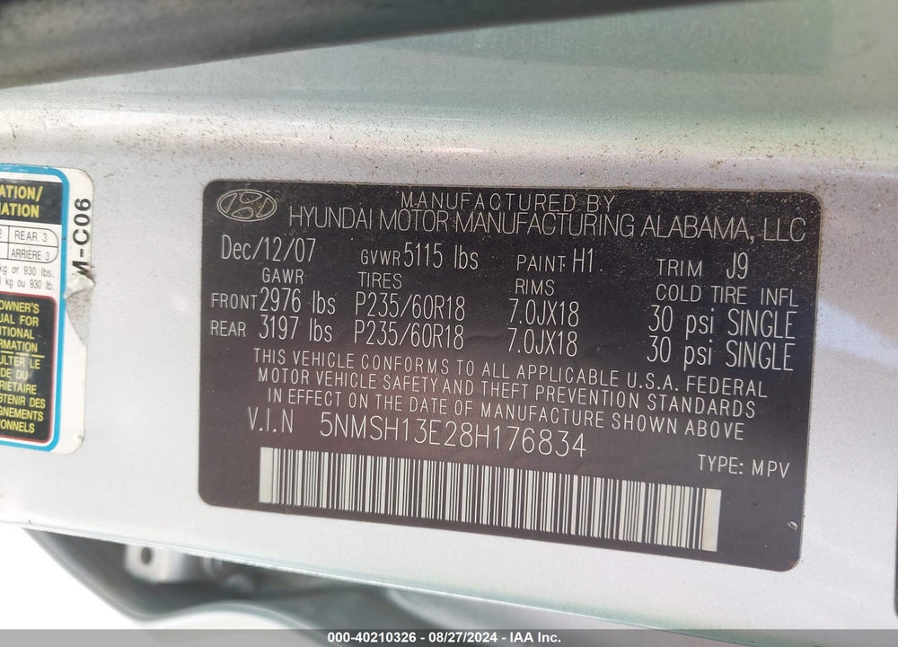 2008 HYUNDAI SANTA FE LIMITED/SE VIN: 5NMSH13E28H176834