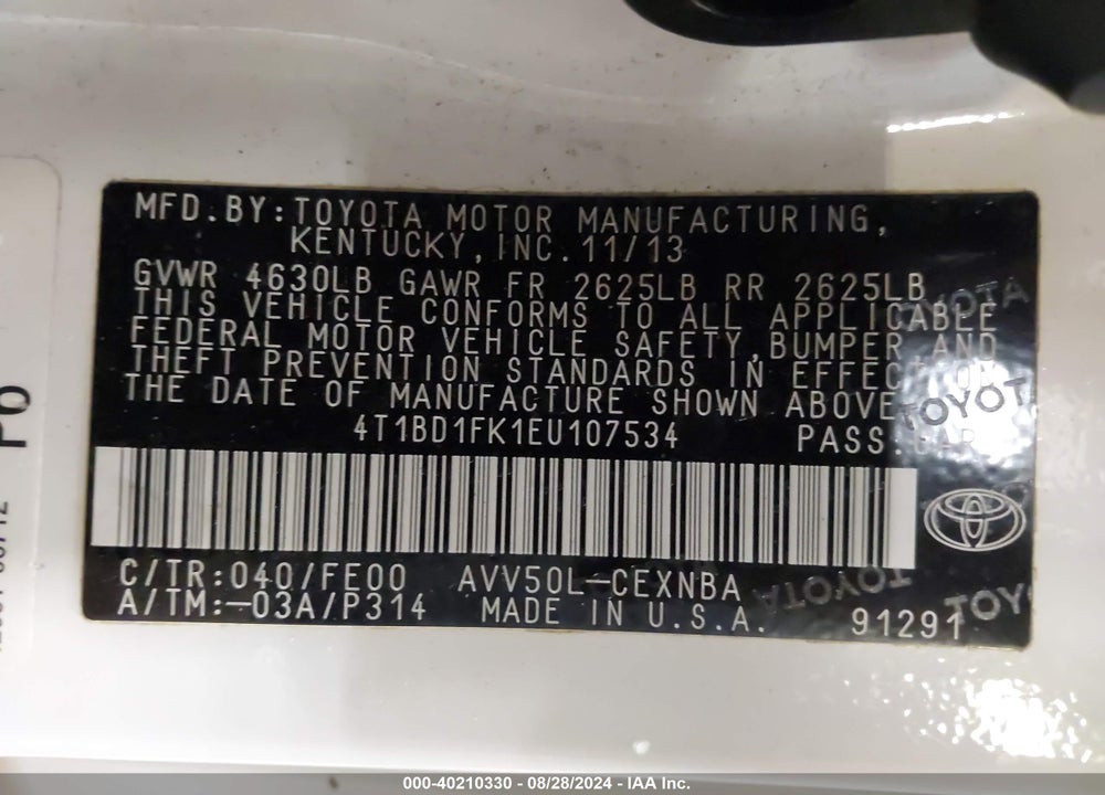2014 TOYOTA CAMRY HYBRID LE VIN: 4T1BD1FK1EU107534
