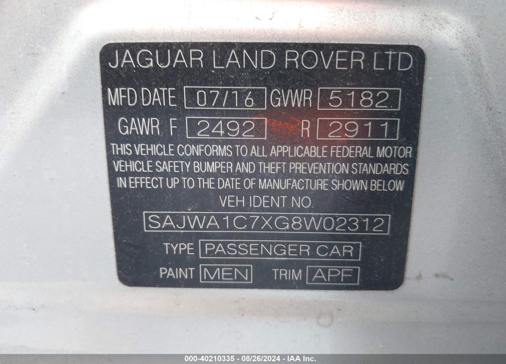 2016 JAGUAR XJ R - SPORT VIN: SAJWA1C7XG8W02312
