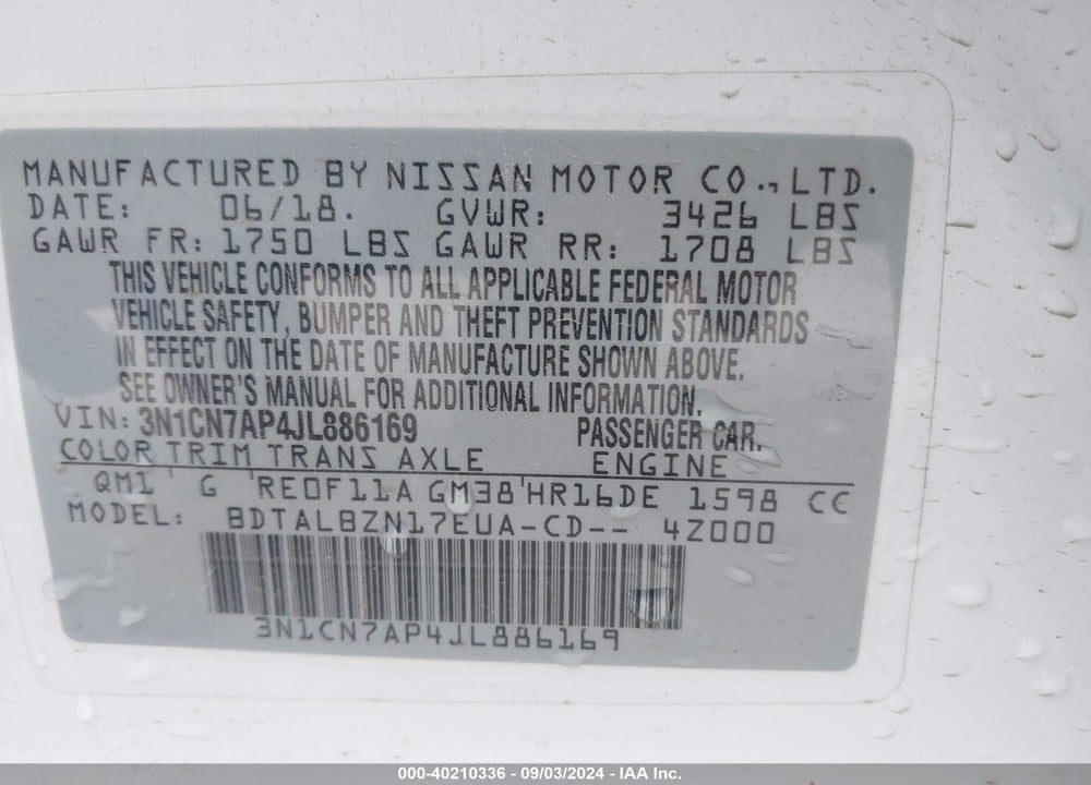 2018 NISSAN VERSA VIN: 3N1CN7AP4JL886169