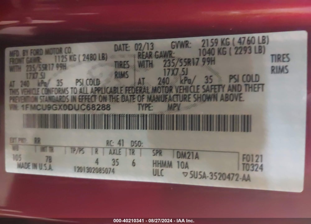 2013 FORD ESCAPE SE VIN: 1FMCU9GX0DUC68288