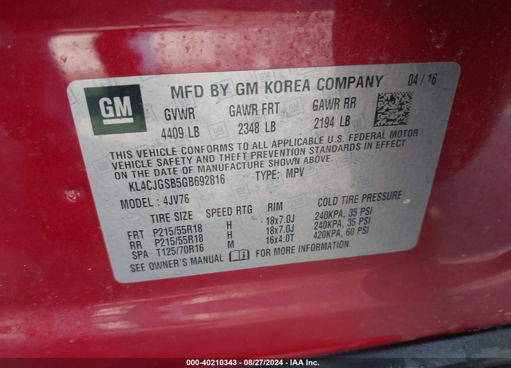 2016 BUICK ENCORE LEATHER VIN: KL4CJGSB5GB692816