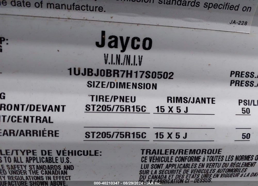 2017 JAYCO SLX VIN: 1UJBJ0BR7H17S0502
