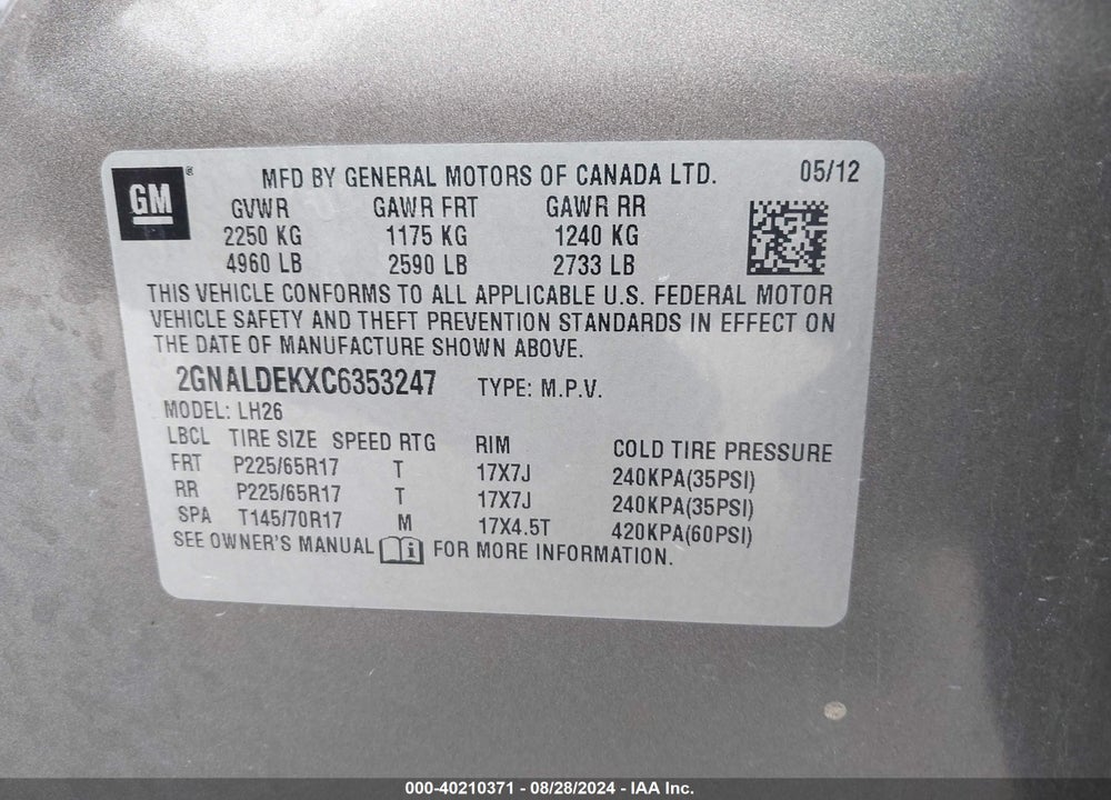2012 CHEVROLET EQUINOX 1LT VIN: 2GNALDEKXC6353247