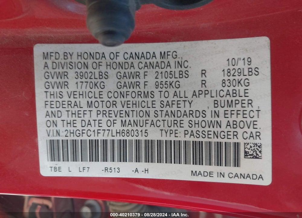 2020 HONDA CIVIC EX-L VIN: 2HGFC1F77LH680315