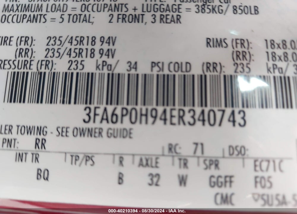 2014 FORD FUSION SE VIN: 3FA6P0H94ER340743