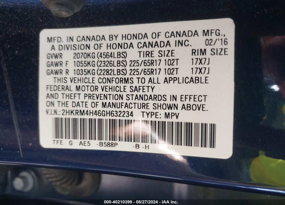 2016 HONDA CR-V SE VIN: 2HKRM4H46GH632234