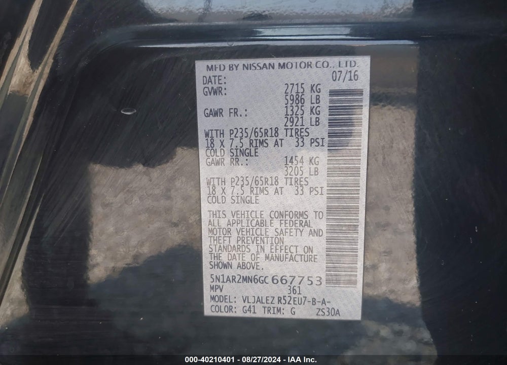 2016 NISSAN PATHFINDER VIN: 5N1AR2MN6GC667753