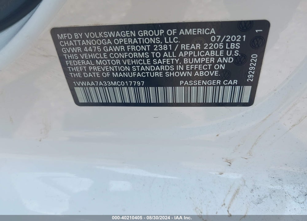 2021 VOLKSWAGEN PASSAT VIN: 1VWAA7A33MC017797