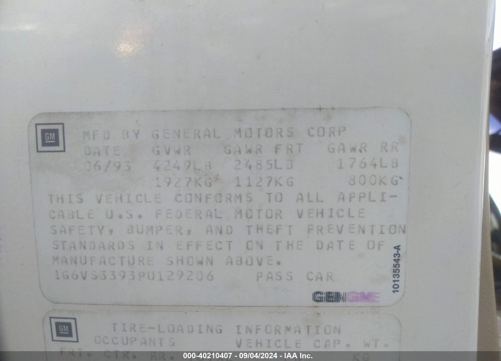 1993 CADILLAC ALLANTE VIN: 1G6VS3393PU129206