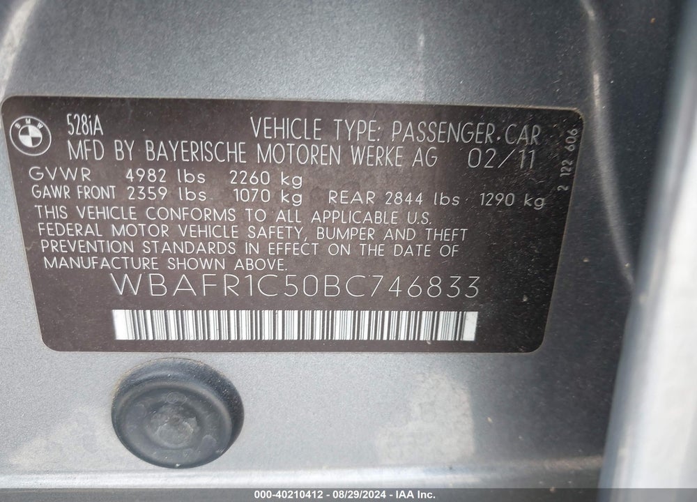 2011 BMW 528I VIN: WBAFR1C50BC746833