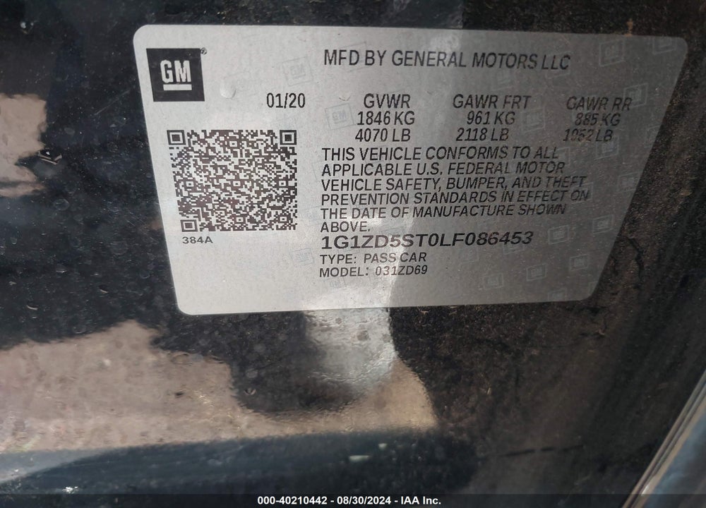 2020 CHEVROLET MALIBU FWD LT VIN: 1G1ZD5ST0LF086453