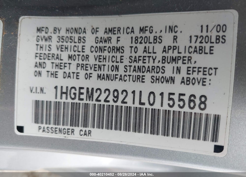2001 HONDA CIVIC EX VIN: 1HGEM22921L015568