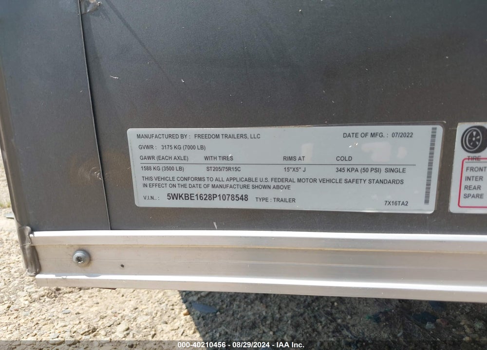 2023 FREEDOM ENCLOSED TRAILER VIN: 5WKBE1628P1078548