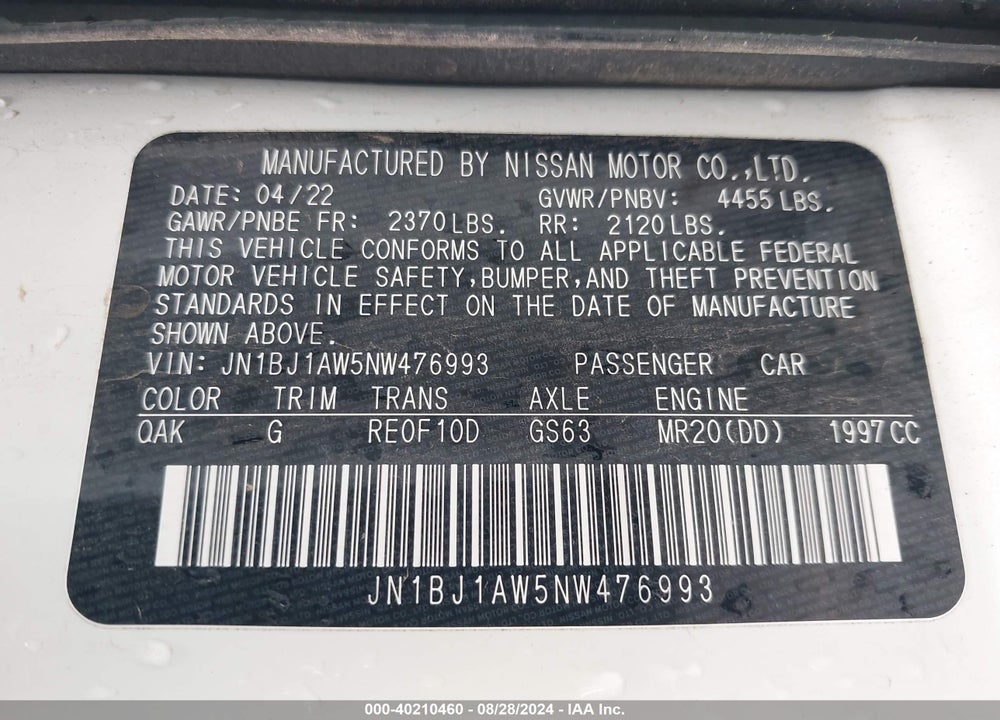 2022 NISSAN ROGUE SPORT S AWD XTRONIC CVT VIN: JN1BJ1AW5NW476993