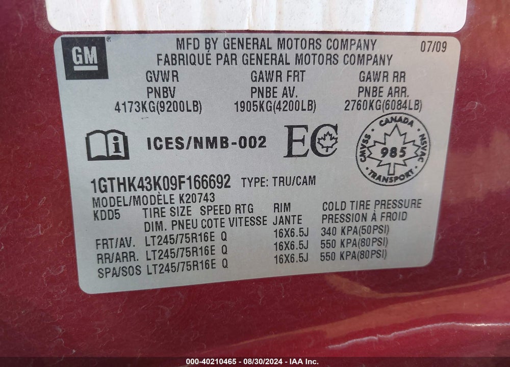 2009 GMC SIERRA 2500HD WORK TRUCK VIN: 1GTHK43K09F166692