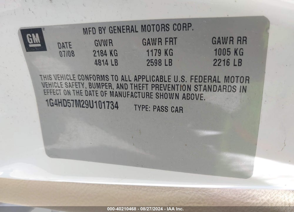 2009 BUICK LUCERNE CXL-4 VIN: 1G4HD57M29U101734