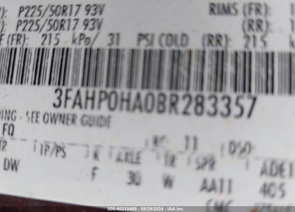 2011 FORD FUSION SE VIN: 3FAHP0HA0BR283357