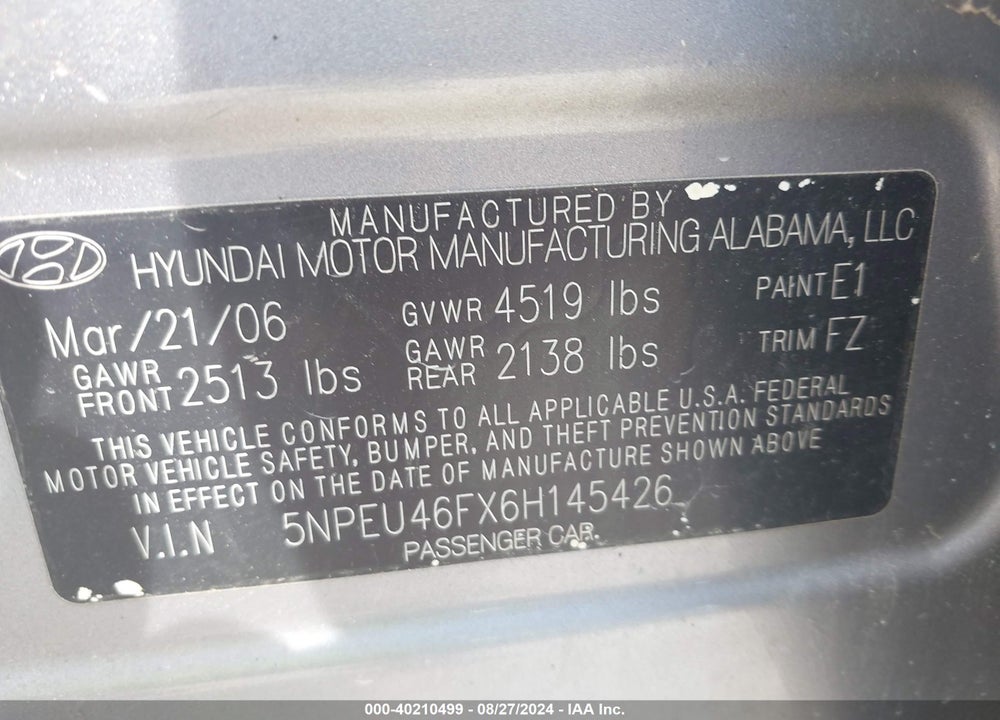 2006 HYUNDAI SONATA GLS V6/LX V6 VIN: 5NPEU46FX6H145426