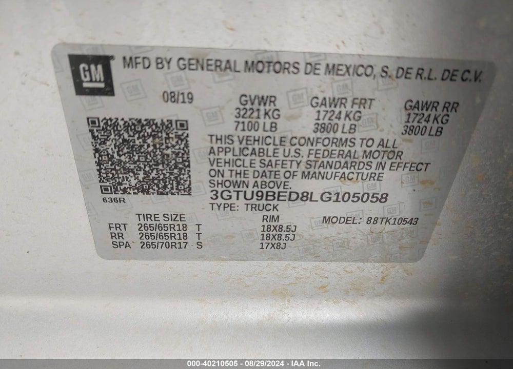 2020 GMC SIERRA 1500 4WD SHORT BOX SLE VIN: 3GTU9BED8LG105058