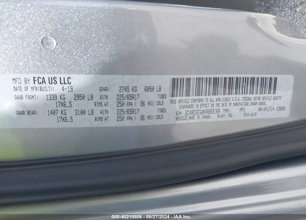 2019 DODGE GRAND CARAVAN GT VIN: 2C4RDGEG0KR683160