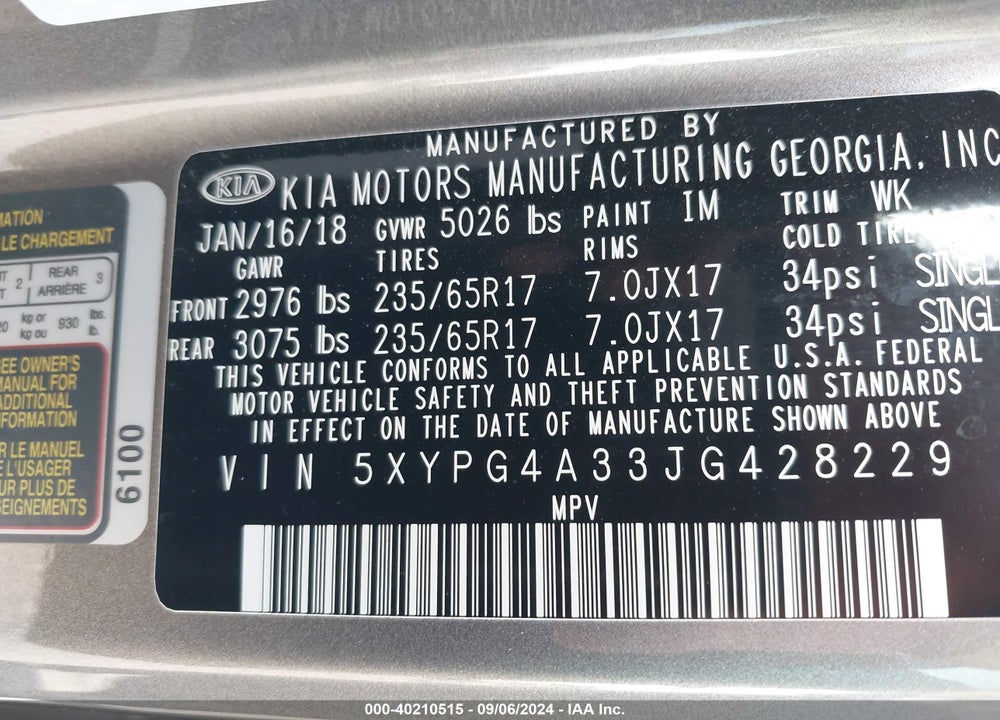 2018 KIA SORENTO 2.4L L VIN: 5XYPG4A33JG428229