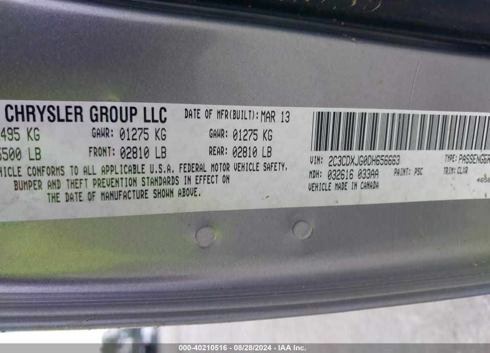 2013 DODGE CHARGER SXT VIN: 2C3CDXJG0DH656663