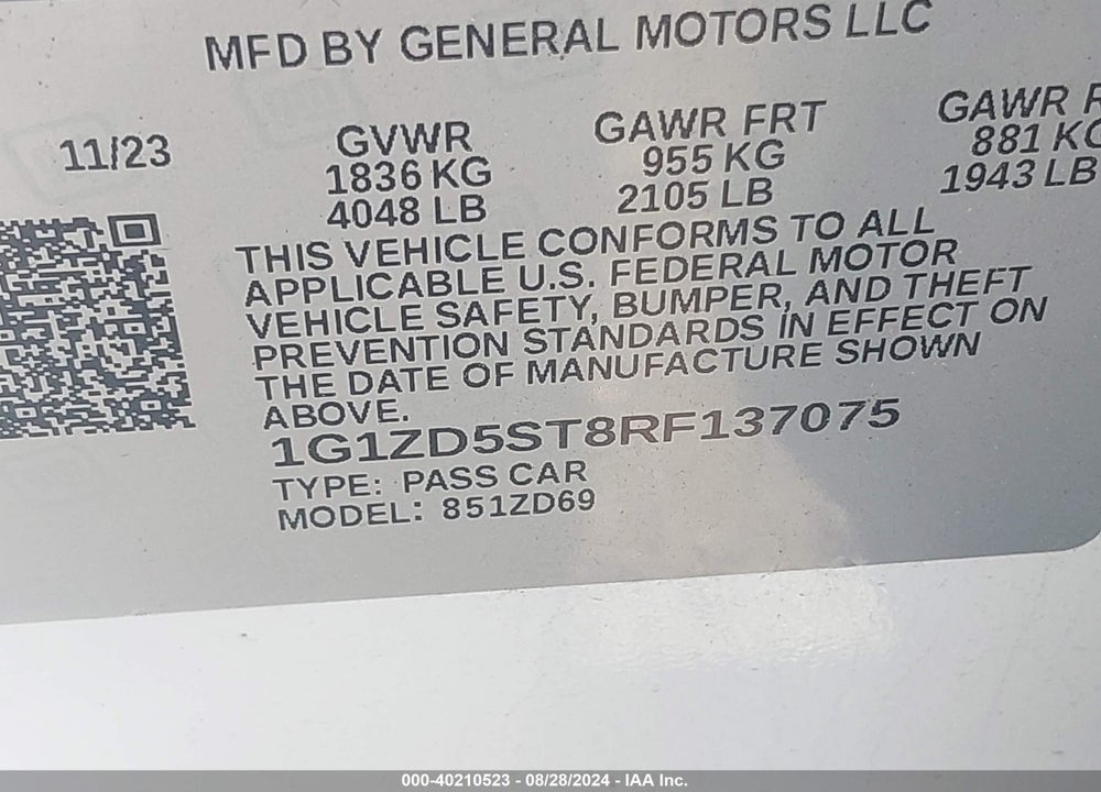 2024 CHEVROLET MALIBU FWD 1LT VIN: 1G1ZD5ST8RF137075