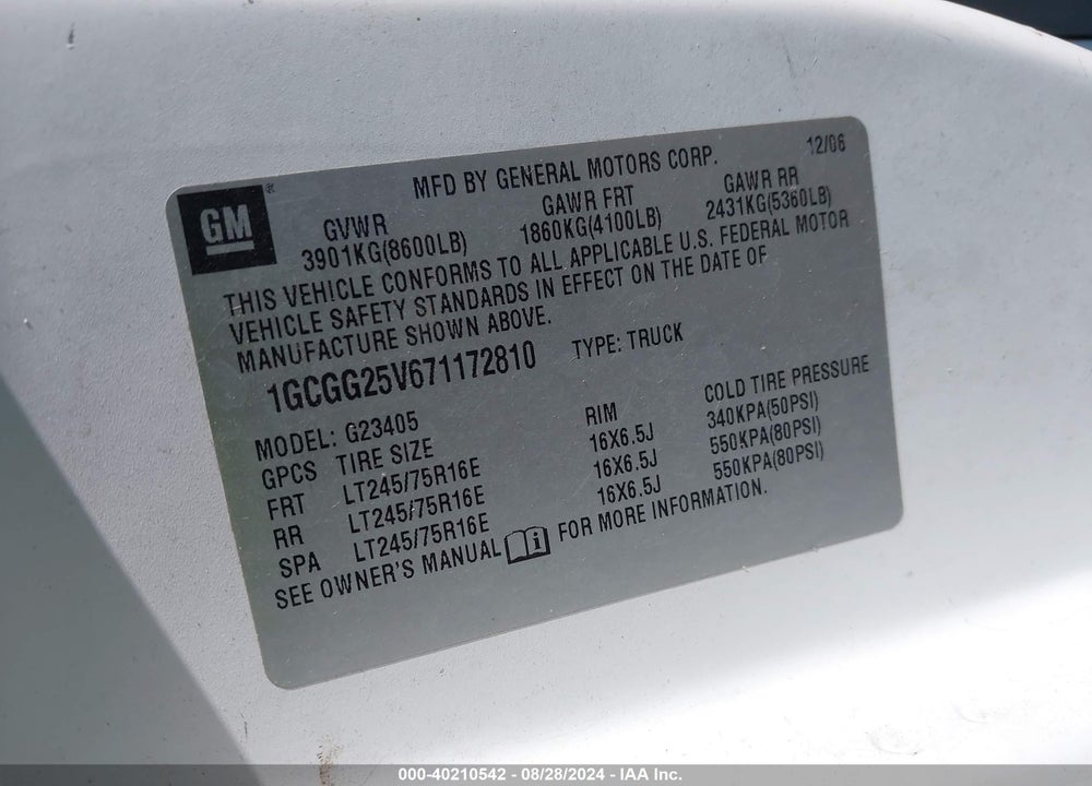 2007 CHEVROLET EXPRESS WORK VAN VIN: 1GCGG25V671172810