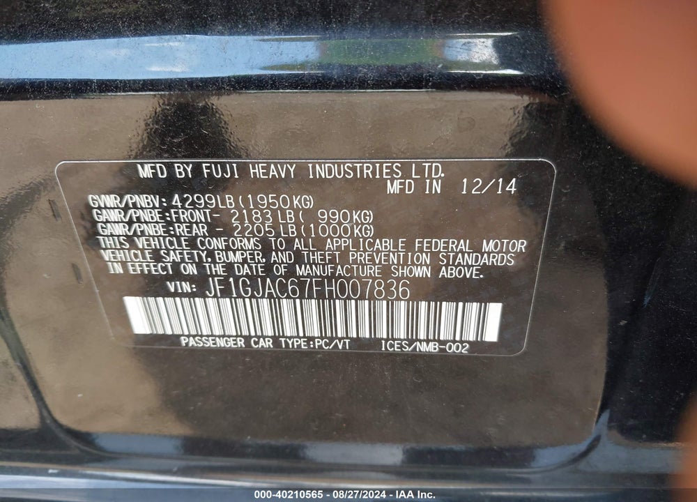 2015 SUBARU IMPREZA 2.0I PREMIUM VIN: JF1GJAC67FH007836
