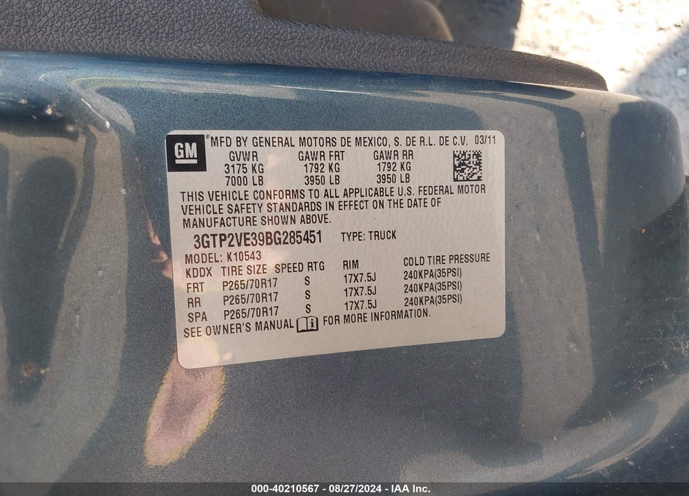 2011 GMC SIERRA 1500 SLE VIN: 3GTP2VE39BG285451