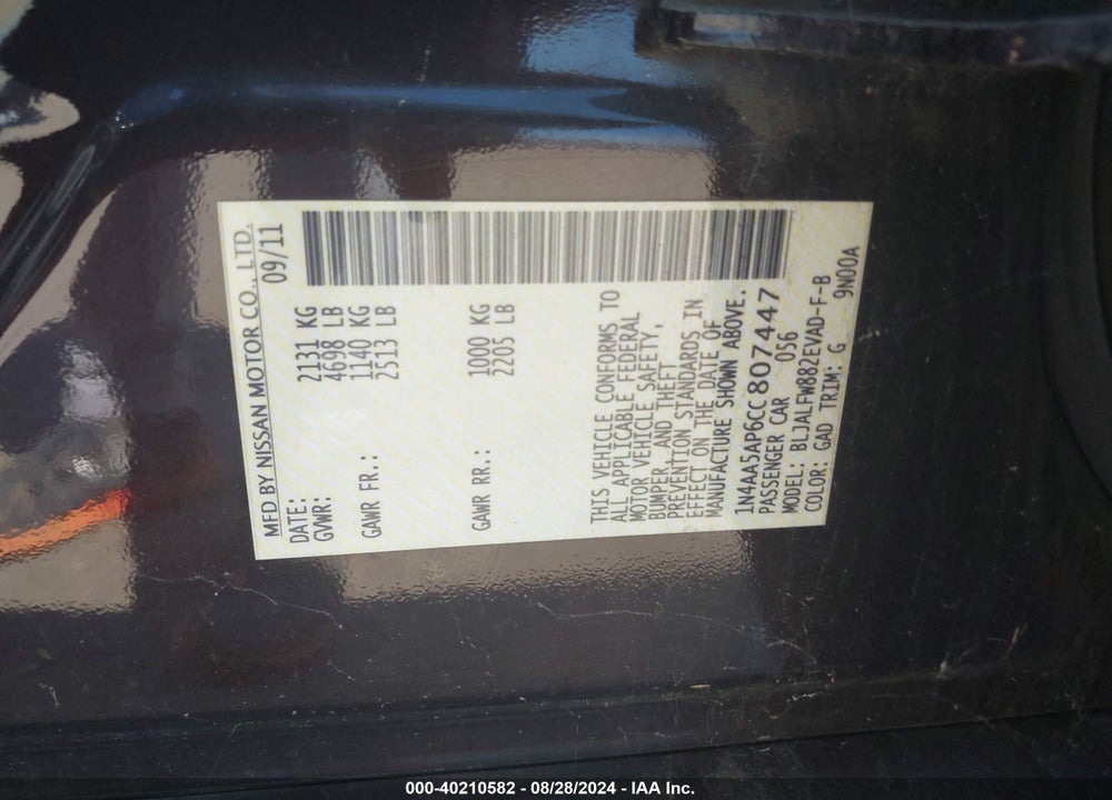 2012 NISSAN MAXIMA VIN: 1N4AA5AP6CC807447