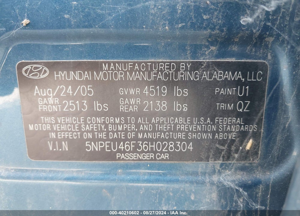 2006 HYUNDAI SONATA GLS V6/LX V6 VIN: 5NPEU46F36H028304