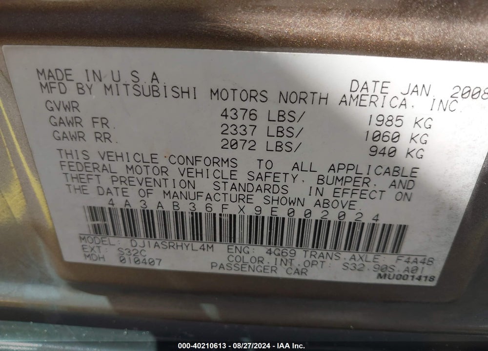2009 MITSUBISHI GALANT VIN: 4A3AB36FX9E002024