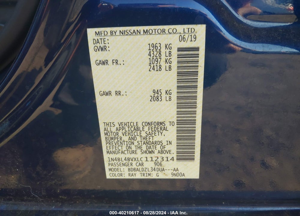 2020 NISSAN ALTIMA S FWD VIN: 1N4BL4BVXLC112314