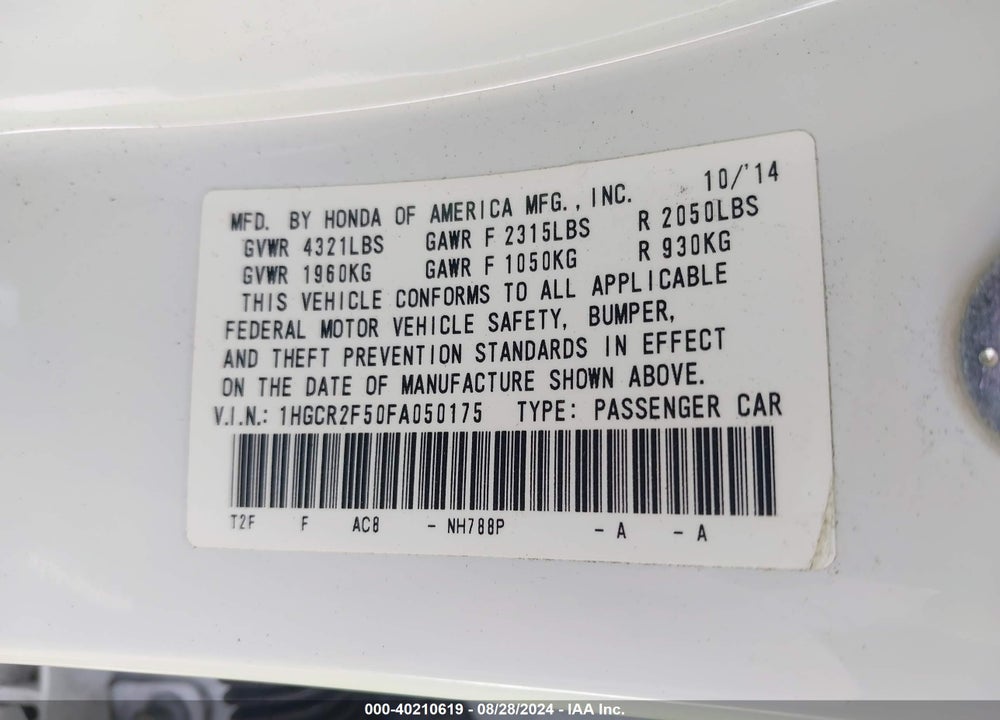 2015 HONDA ACCORD SPORT VIN: 1HGCR2F50FA050175