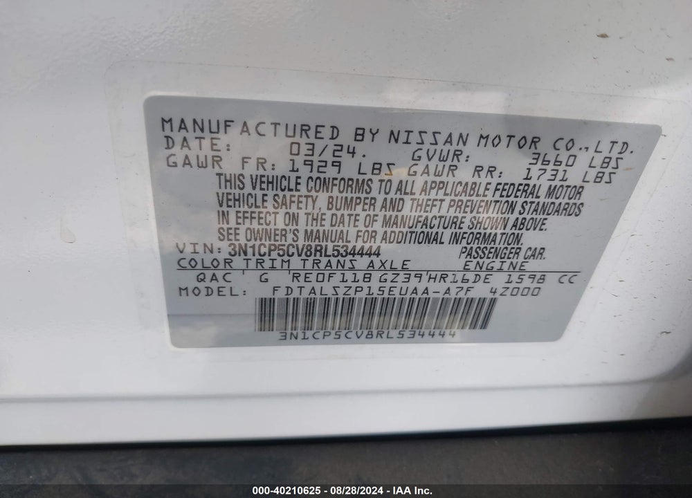 2024 NISSAN KICKS SV XTRONIC CVT VIN: 3N1CP5CV8RL534444