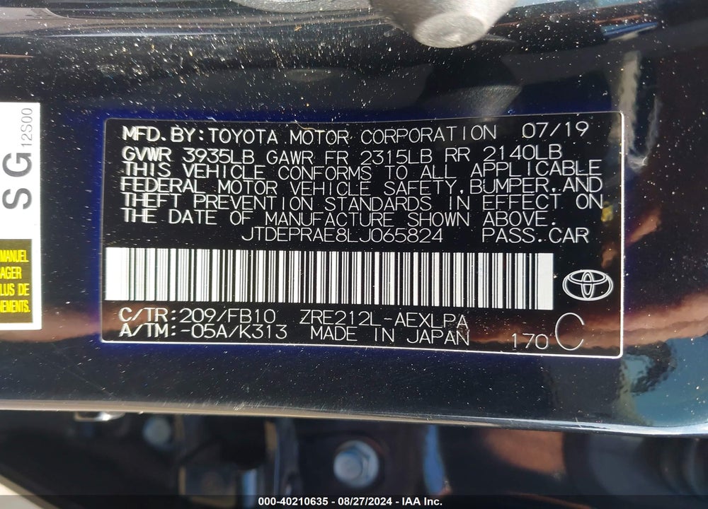 2020 TOYOTA COROLLA LE VIN: JTDEPRAE8LJ065824