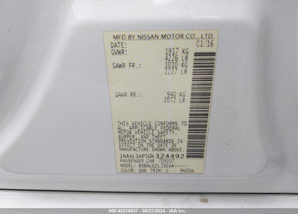 2016 NISSAN ALTIMA 2.5 S VIN: 1N4AL3AP5GN324492