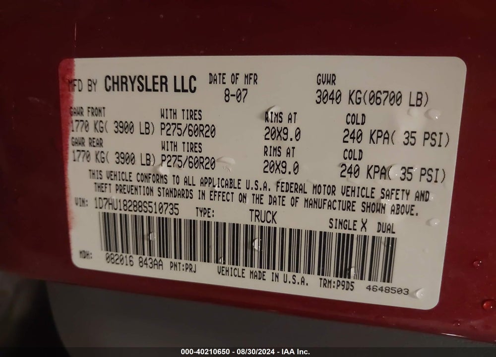2008 DODGE RAM 1500 SLT VIN: 1D7HU18288S510735