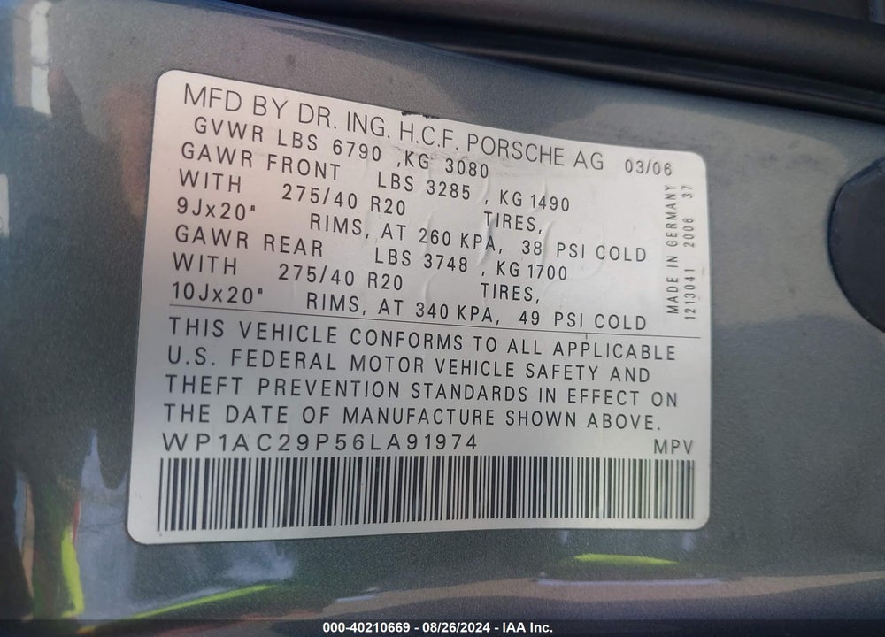 2006 PORSCHE CAYENNE TURBO/TURBO S VIN: WP1AC29P56LA91974