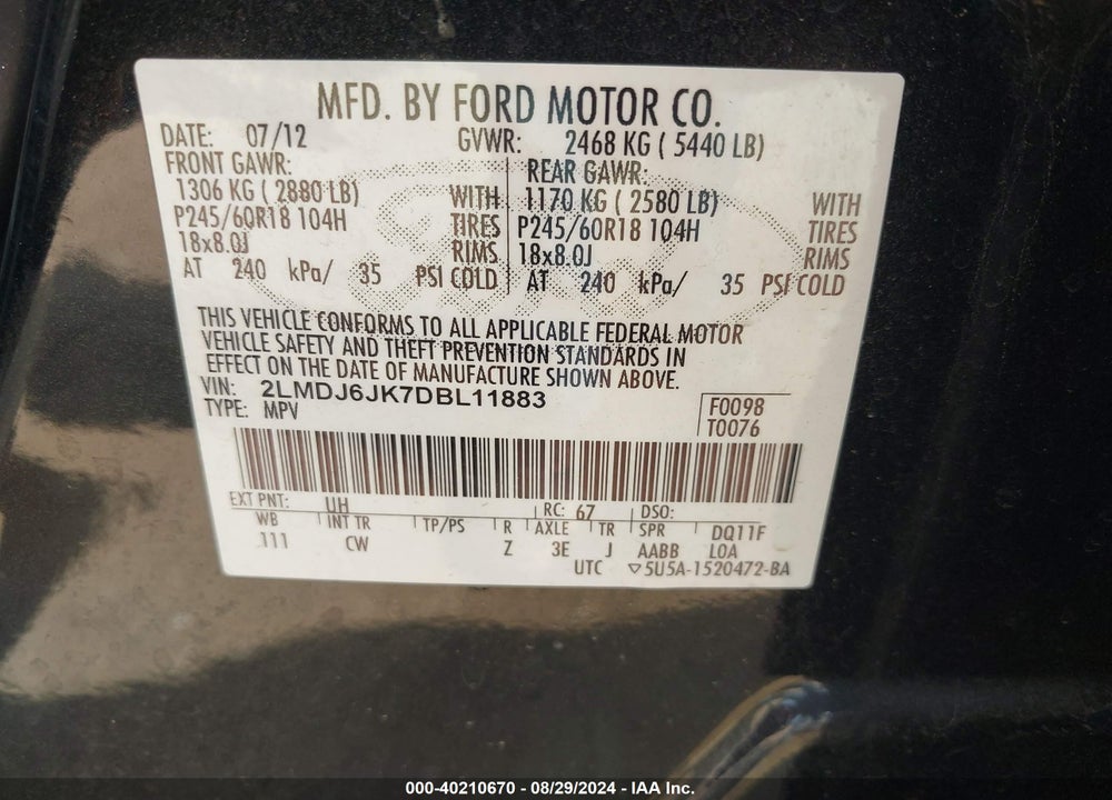2013 LINCOLN MKX VIN: 2LMDJ6JK7DBL11883