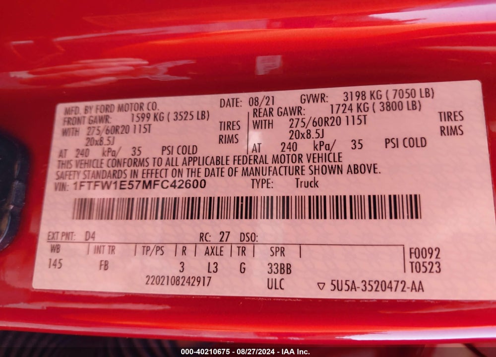 2021 FORD F-150 XLT VIN: 1FTFW1E57MFC42600
