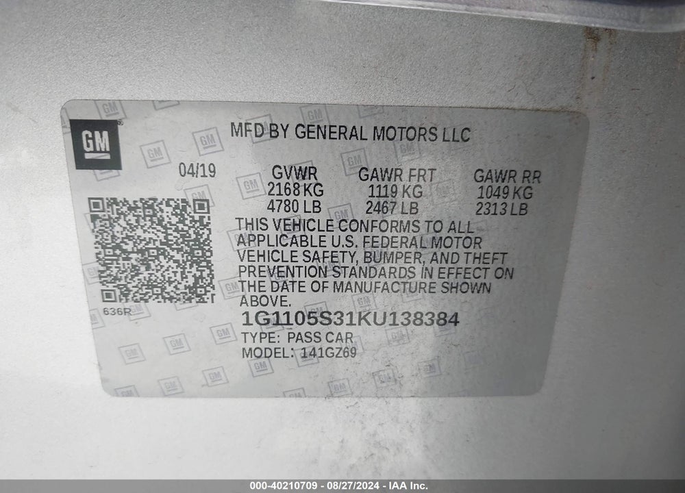 2019 CHEVROLET IMPALA PREMIER VIN: 1G1105S31KU138384