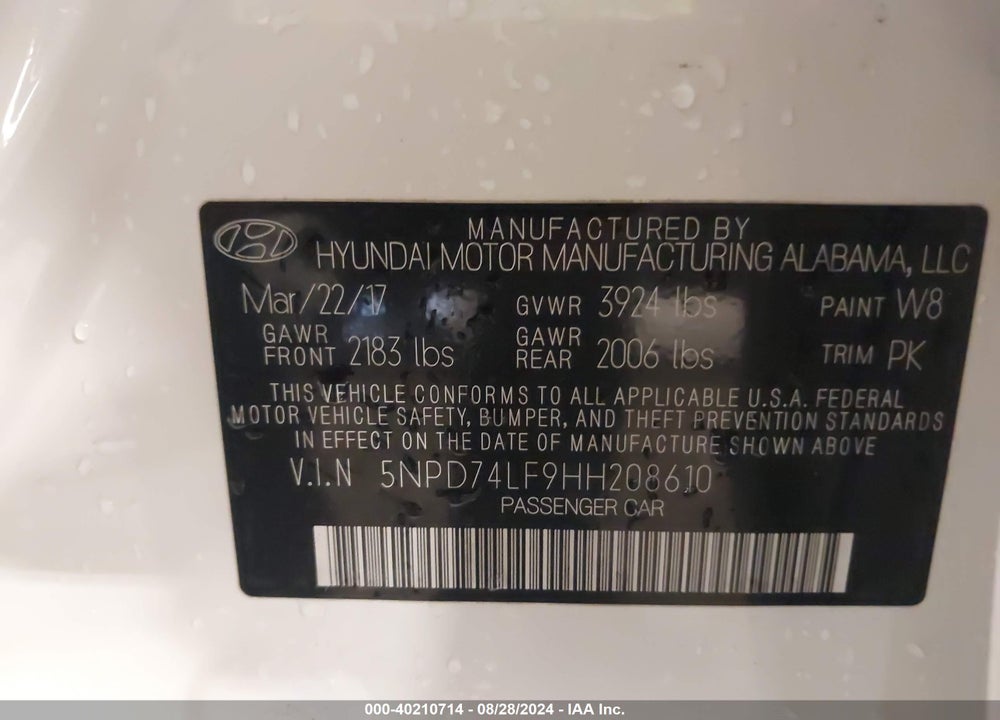 2017 HYUNDAI ELANTRA SE VIN: 5NPD74LF9HH208610