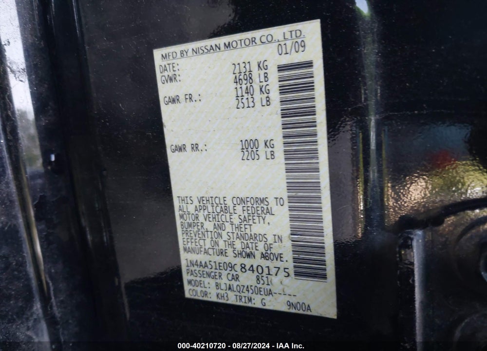 2009 NISSAN MAXIMA 3.5 S VIN: 1N4AA51E09C840175