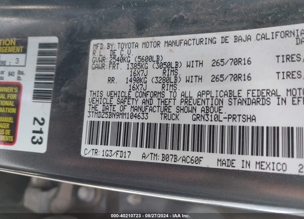 2021 TOYOTA TACOMA TRD OFF ROAD VIN: 3TMDZ5BN9MM104633