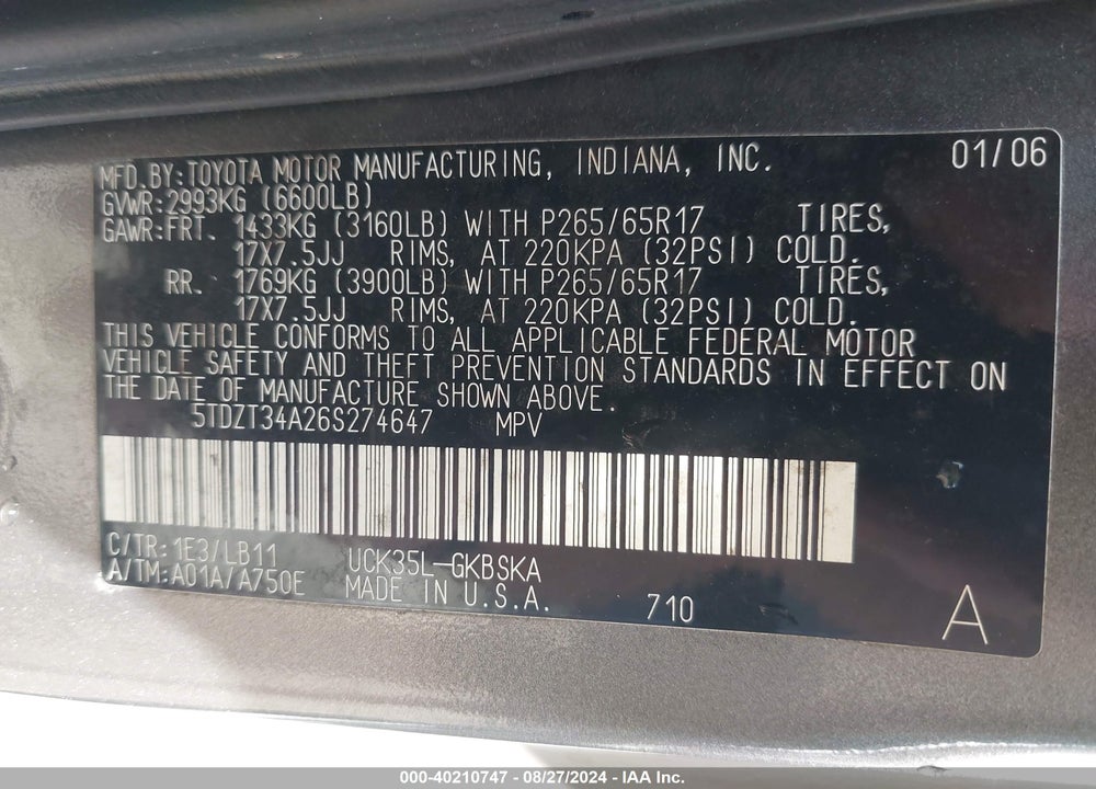 2006 TOYOTA SEQUOIA SR5 V8 VIN: 5TDZT34A26S274647