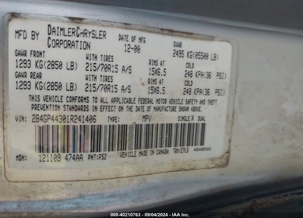 2001 DODGE GRAND CARAVAN VIN: 2B4GP44301R241406