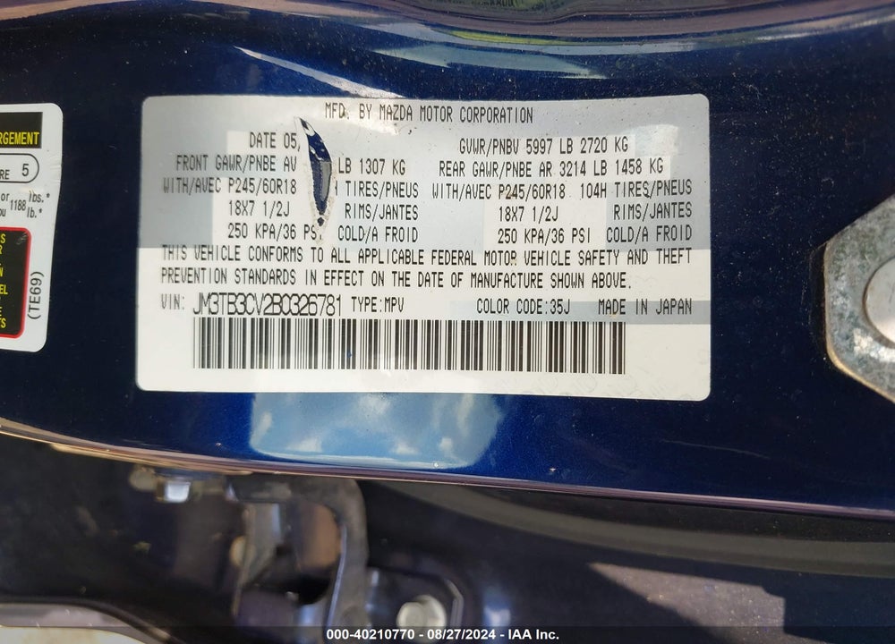 2011 MAZDA CX-9 TOURING VIN: JM3TB3CV2B0326781